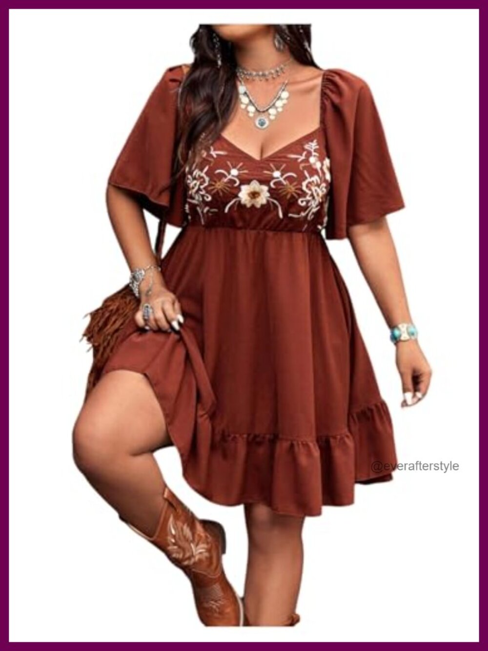 Western Boho Floral Embroidered Short Sleeve A-Line Dress